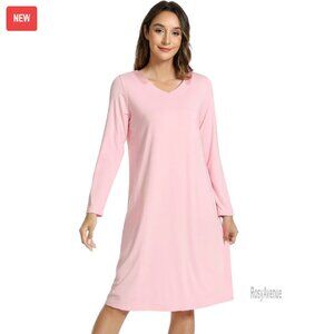 Viscose Bamboo Long Sleeve Nightgown V-Neck Sleepshirt Soft Sleep Dress